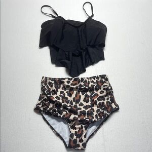 Papasgix 2 pieces swimsuit Black ruffles top and high rise leopard bottom S NWT